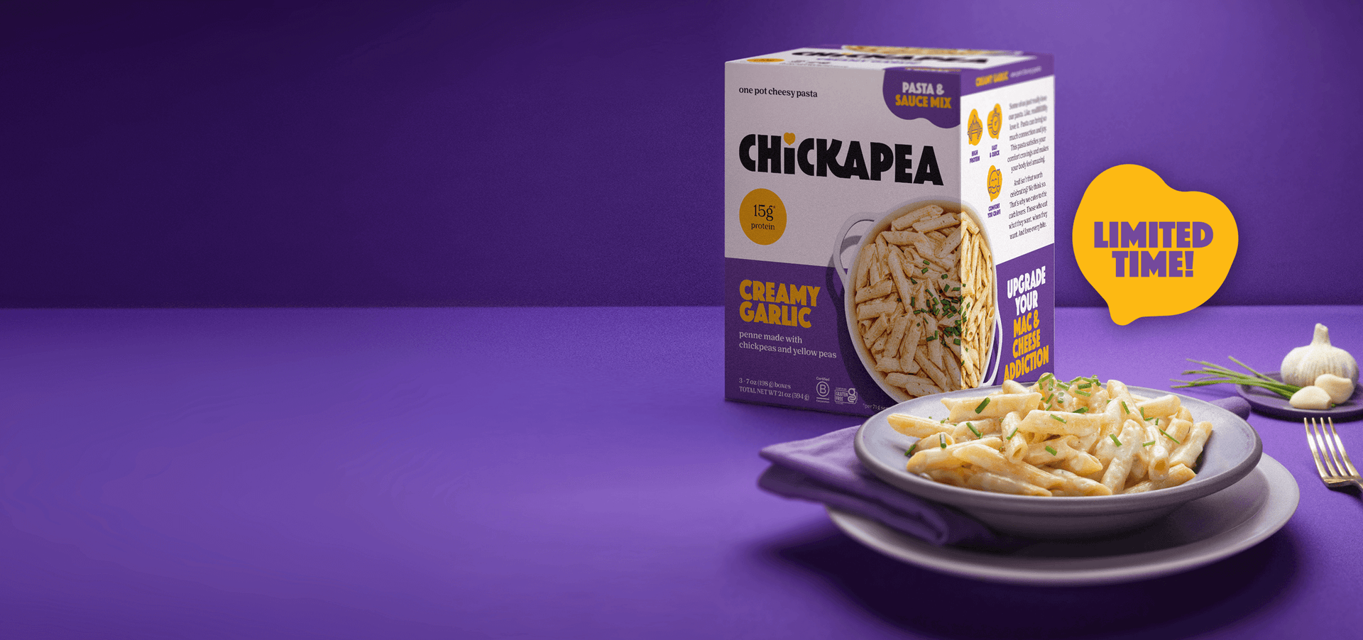 <span style="color:#FDB913;" class=" m-black">CREAMY, DREAMY</span><br><span style="color:#fff;" class="m-white">HIGH-PROTEIN MAC</span>